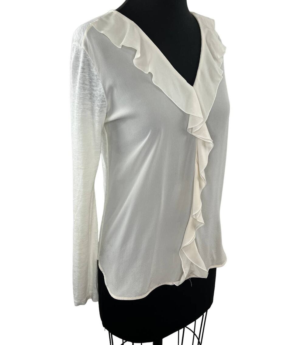 SANDRO Paris Women's White Long Sleeve Ruffle V-Neckline Pullover Blouse Top